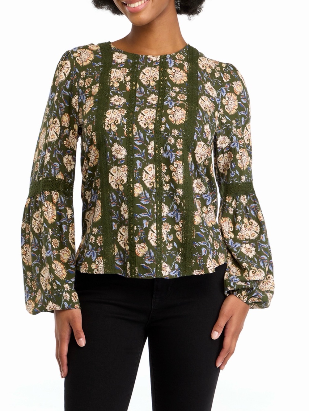 Floral Green Long-Sleeve Peasant Blouse 2X